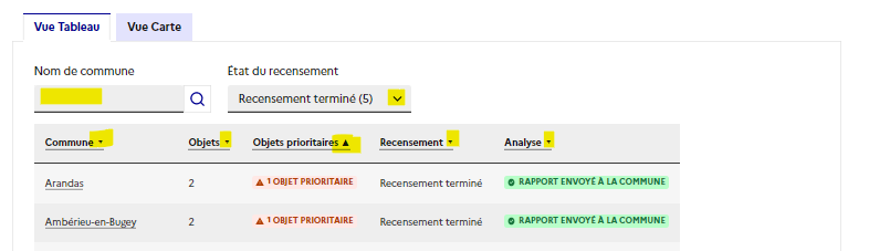 Vue liste des communes triable